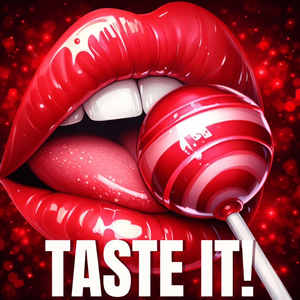 Official cover art for Taste It by Dat Boi Jonni, red glossy lips with a striped lollipop