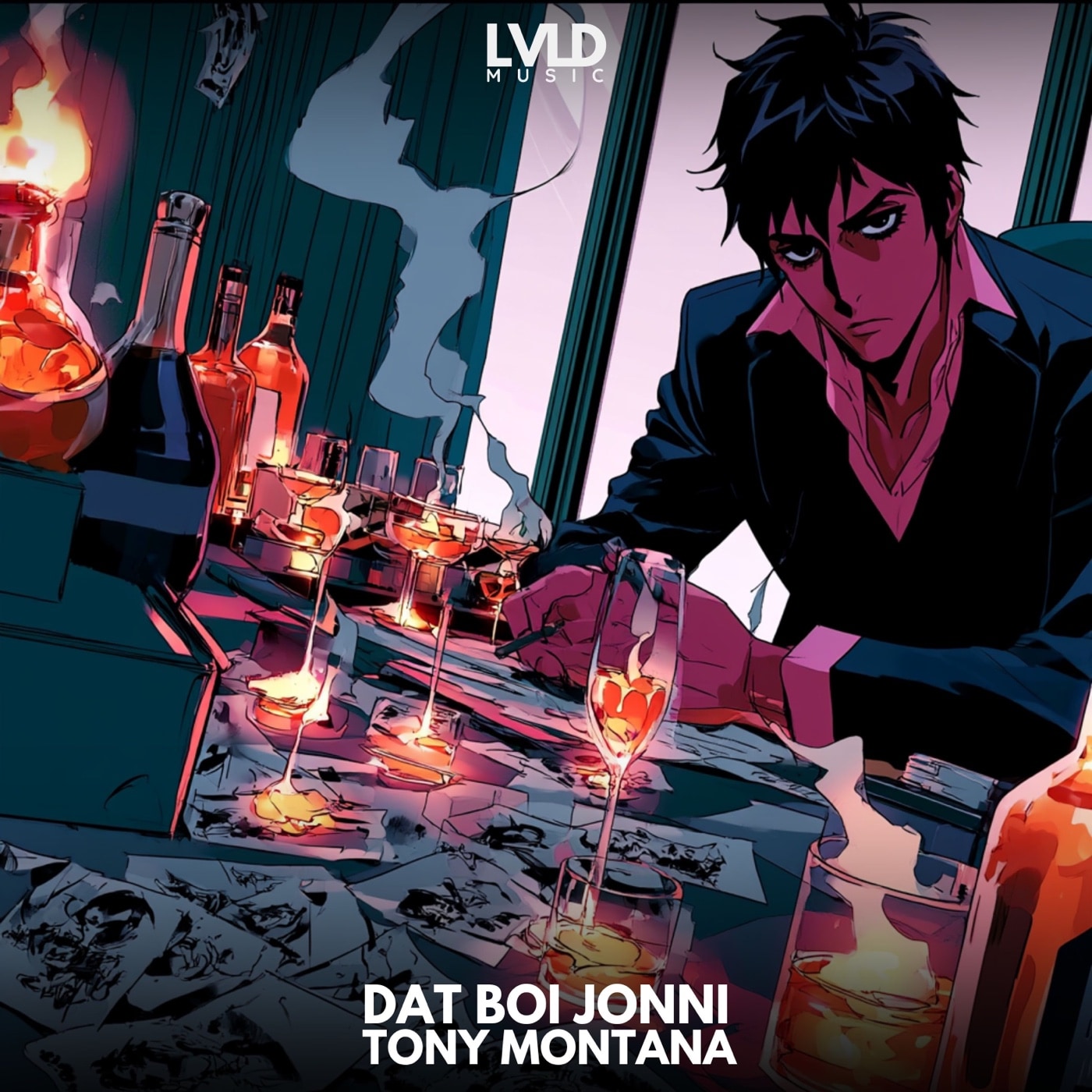 Official cover art for Tony Montana by Dat Boi Jonni on LVLD Music, anime style illustration of a bartender at a bar